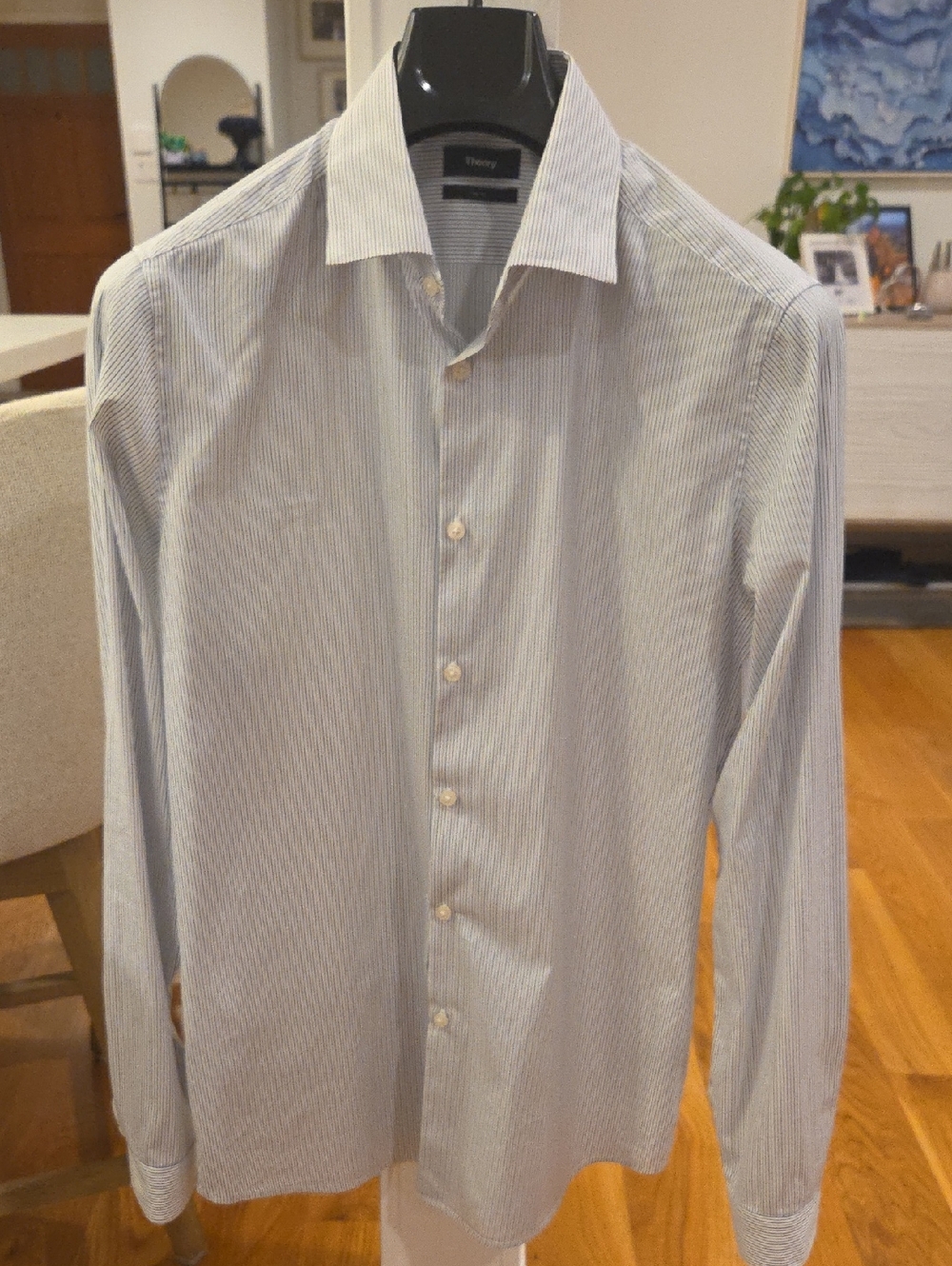 Theory Men's Grey And Navy Pinstripe Spread-Collar Slim Dress Shirt (16)
